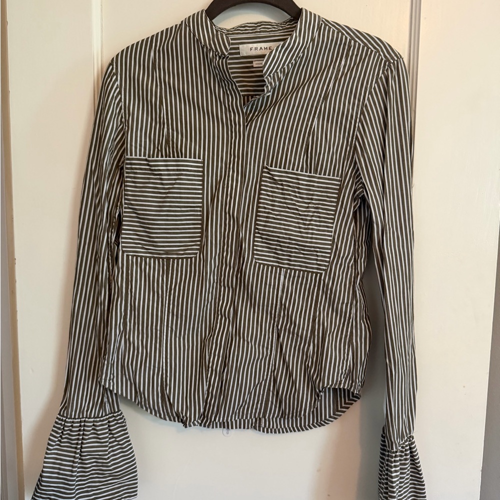 Frame Denim Olive Green and White Striped Shirt
